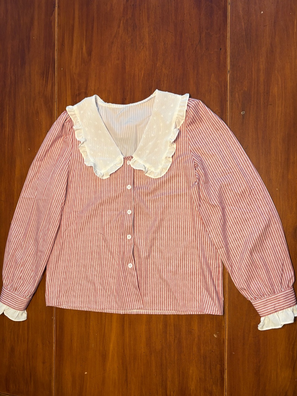 Women’s Red Striped Button-Front Top with Ruffle Collar